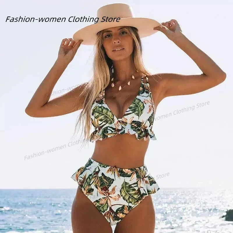 

Swimsuits Woman 2024 Summer Sexy Bikini Halter Backless Sleeveless Printed Deep-v Ruffle High Waist Two-piece Suit Beach Clothes