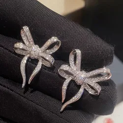 Huitan Exquisite Bow Shaped Stud Earrings for Women Bling Bling Cubic Zirconia Romantic Bowknot Earrings Wedding Trendy Jewelry