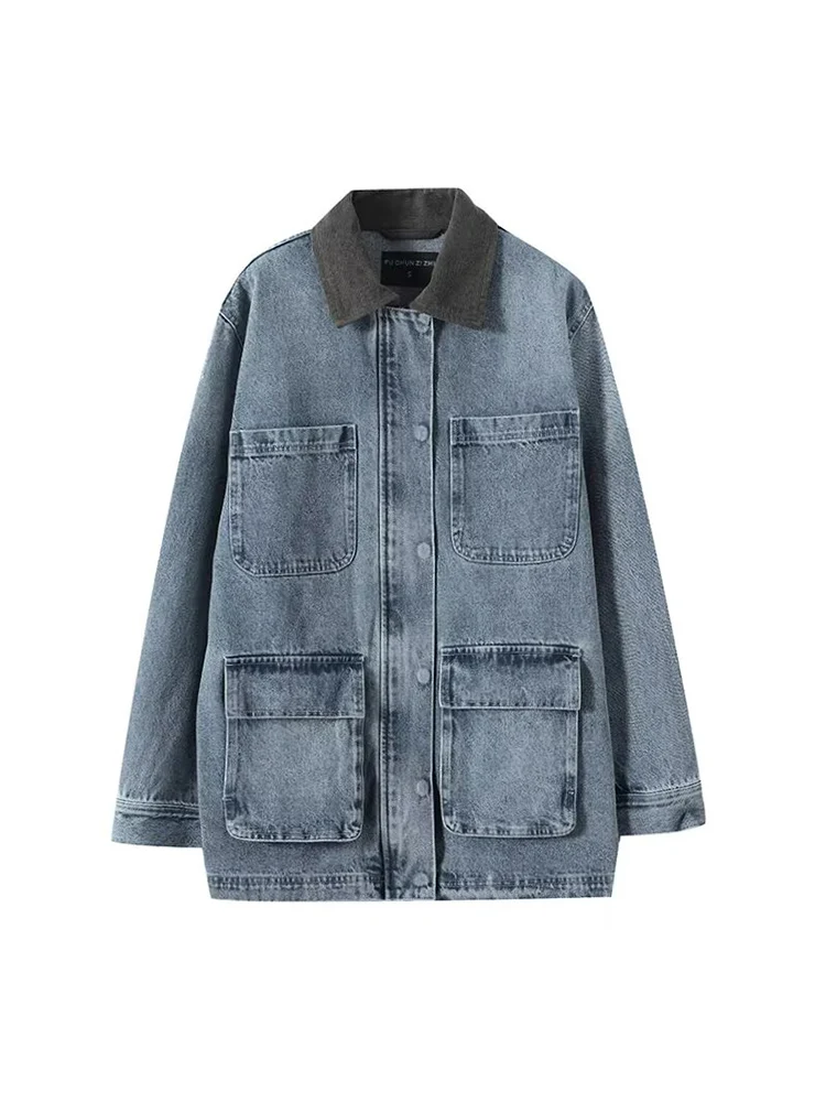 

Новая женская модная и универсальная элегантная джинсовая куртка свободного кроя с лацканами и длинными рукавами на молнии в европейском стиле