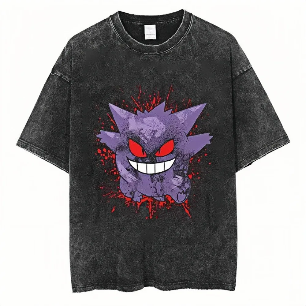 Gengar Pokemon Acid Washed T-Shirt Red Splatter Print Lose übergroße T-Shirts Unisex Bold Grunge Ästhetische Alltagskleidung Tops