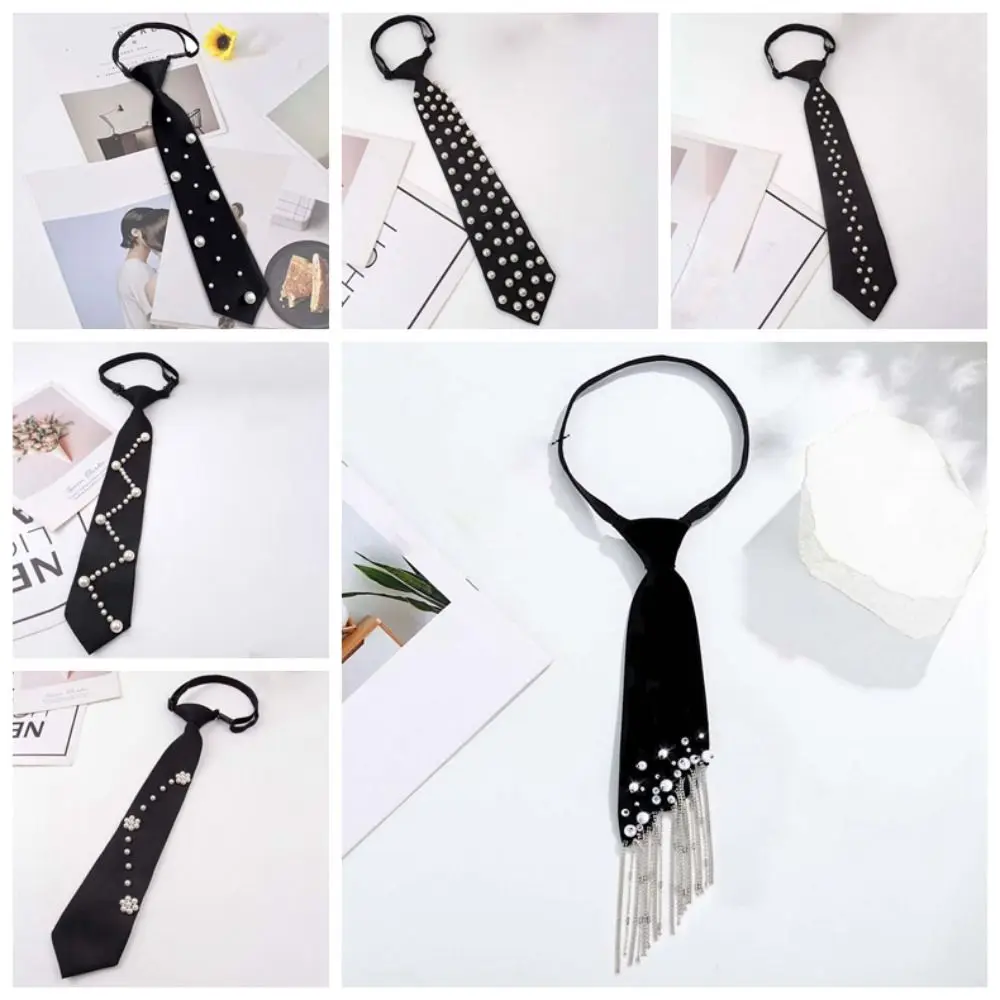 Elegant Korean Style Pearls Tie Black Choker Hand-beaded Long Necktie Geometric Academic Style Decoration Shirt Tie Performance - Image 6
