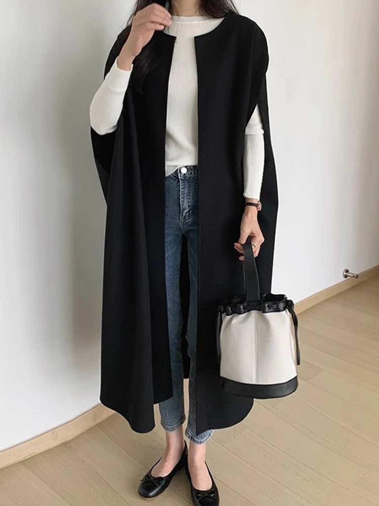 

Chic Autumn Winter Wrap Sle round Ne Loose Women's Vest Coat Pure Color Long Length Woolen Jaet Korean Version Long Sve
