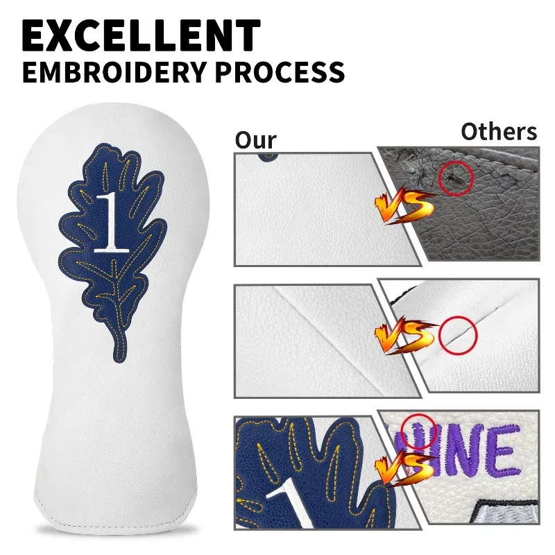 Golf Club Head Covers - Ultra-Durable Synthetic, White with Blue Leaf Patterns & Numbered 1-5 Markings image 4