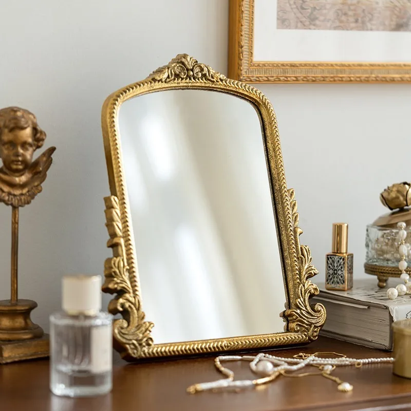 Wooden Makeup Mirror Retro Elegant Creative Portable Desktop Table Mirrors Household Dressing Table Mirrors Room Decoration