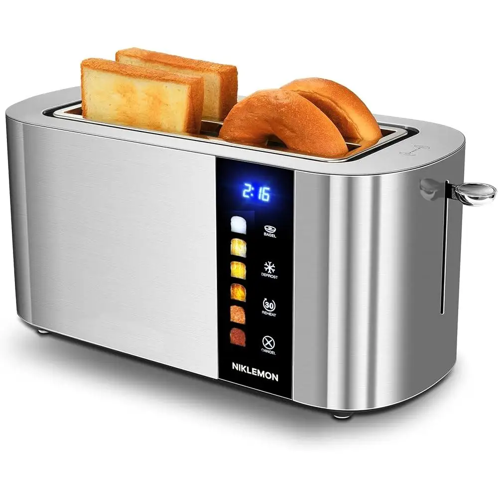4 Slice Toaster Stainless Steel Touch Screen Toaster LED Display Extra Wide Slots Bagel Defrost Reheat Cancel Functions Easy