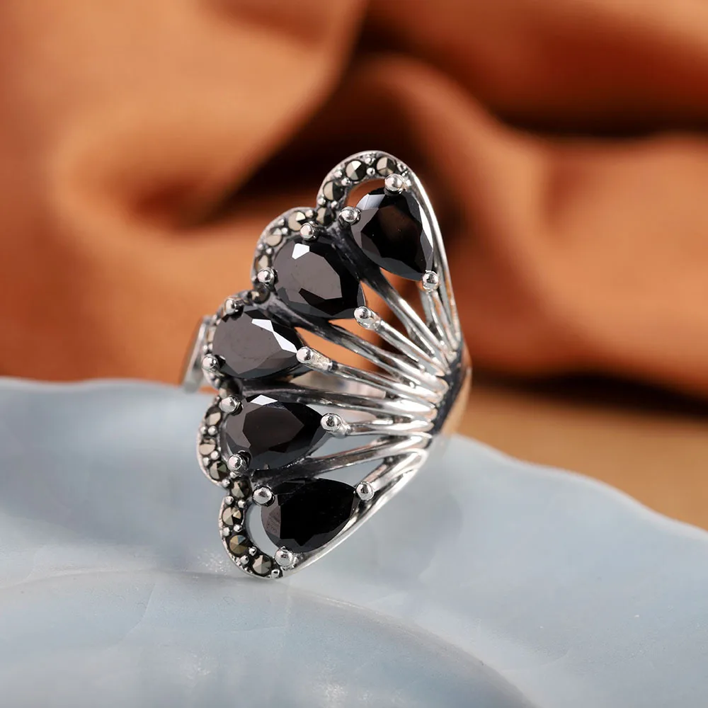 

Uglyless Super Wide Black Natural Agate Rings Women Exaggerated Fashion Girls Rings Real 925 Sterling Silver Marcasite Jewelry