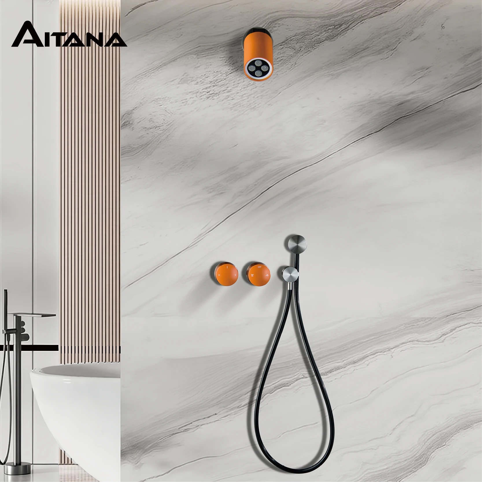 

Aitana Minimalist Black Brass Wall-Mounted Bathroom Shower System with LED Light Rainfall Head 2 Functions of Hot And Cold Water