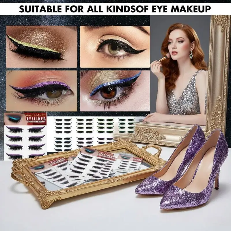 Waterproof Eyeliner Stickers with False Eyelashes Set 4Pair Reusable Liner Patches Cat Eye Natural Makeup for Women