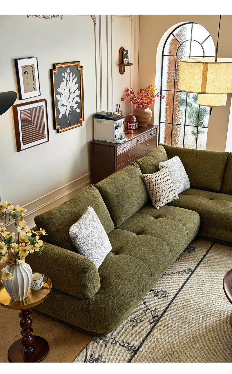 French hemp kapok fabric sofa small apartment retro living room three people straight row advanced sense
