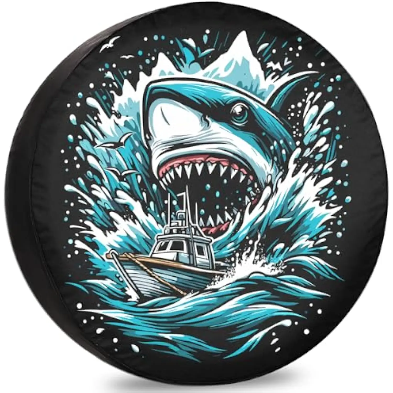 Shark Attacking Boat Spare Tire Cover Heavy Duty Trailer Truck SUV Camper Wheel Cover