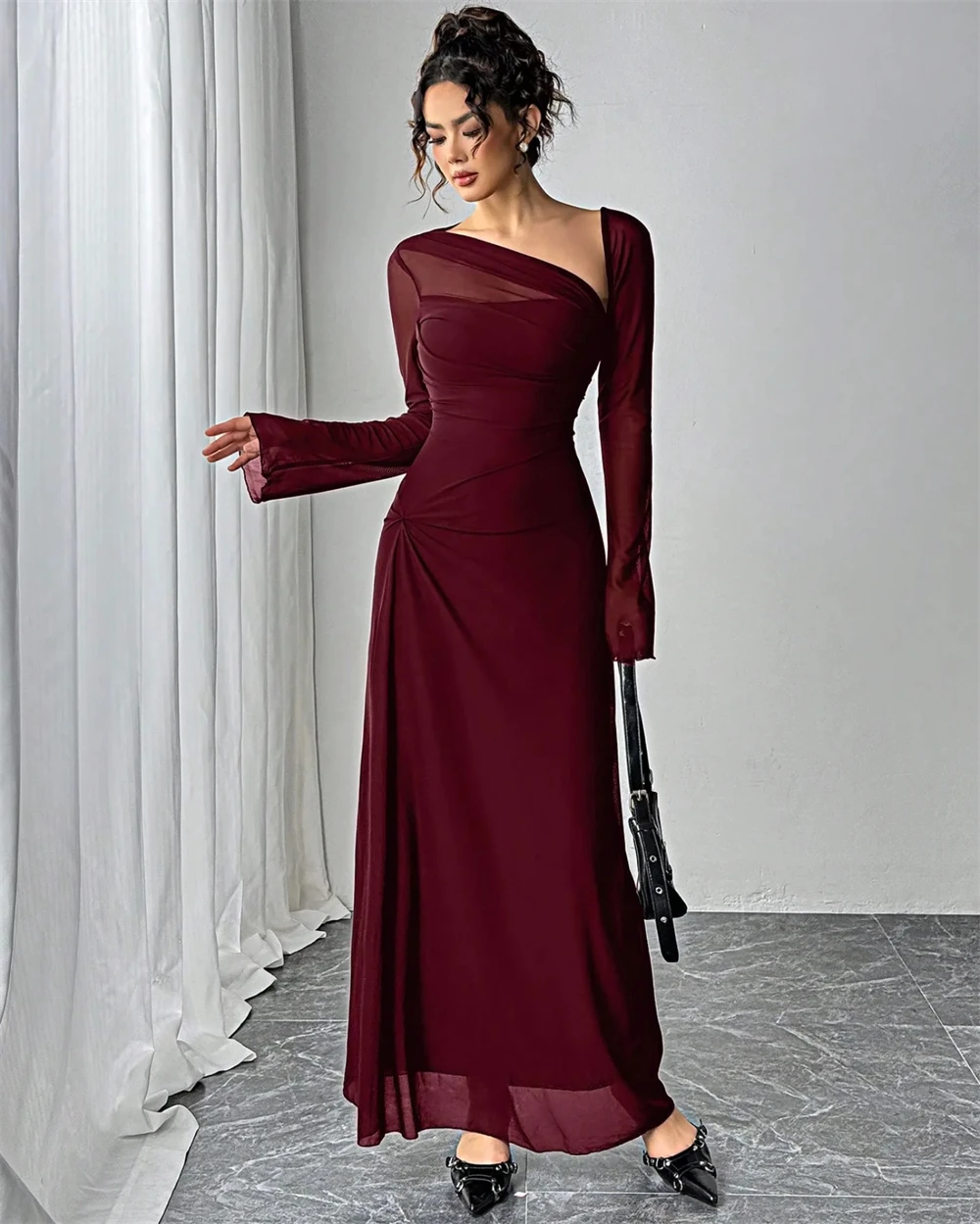 

Customized Simple Burgundy Chiffon Evening Dress Formal One Shoulder Long Sleeves Homecoming Dresses Modern Vestido De