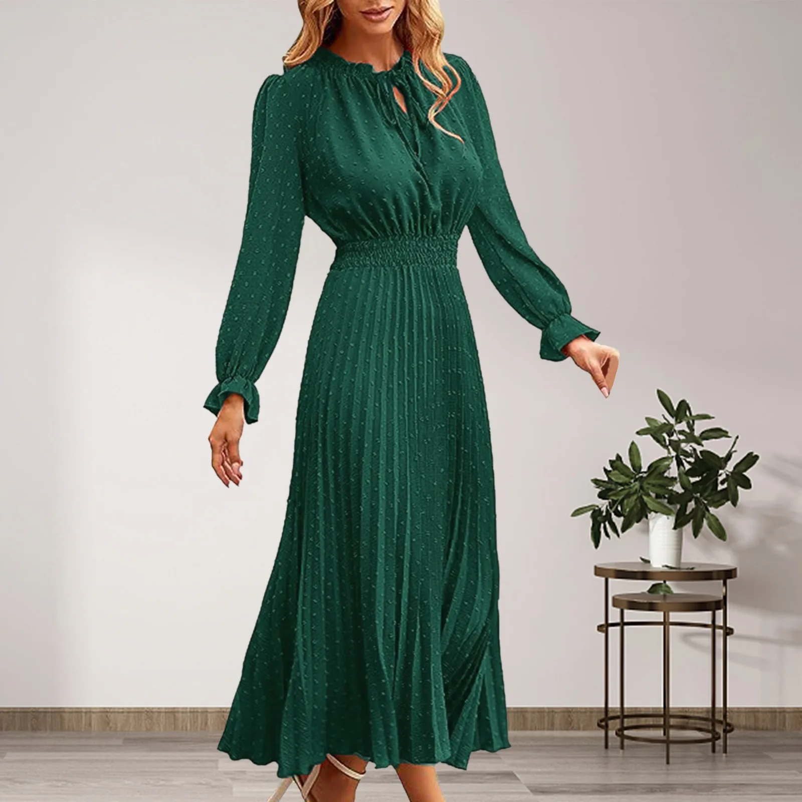 

Women Fall Midi Dress Gown Elegant Casual Long Sleeve V Neck Dot Pleated A Line Flowy Dresses Slim Fit High Waist Dress Party