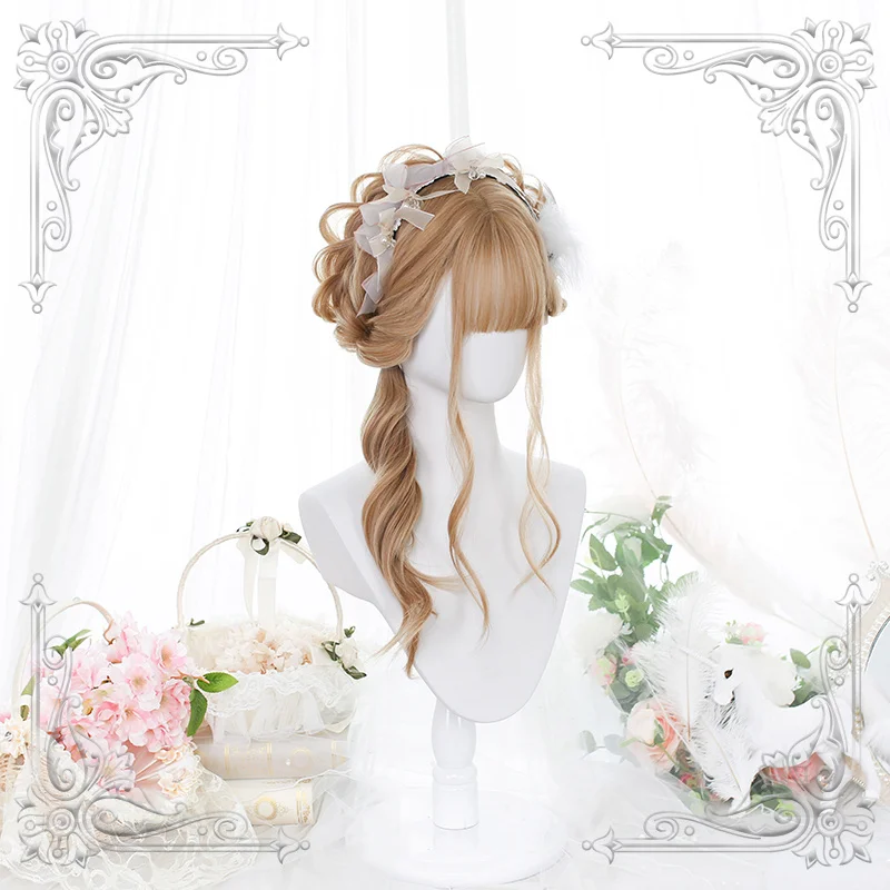 Long Wavy Bangs Female Lolita Wig Women Golden Slight Curly Wigs Cosplay Party