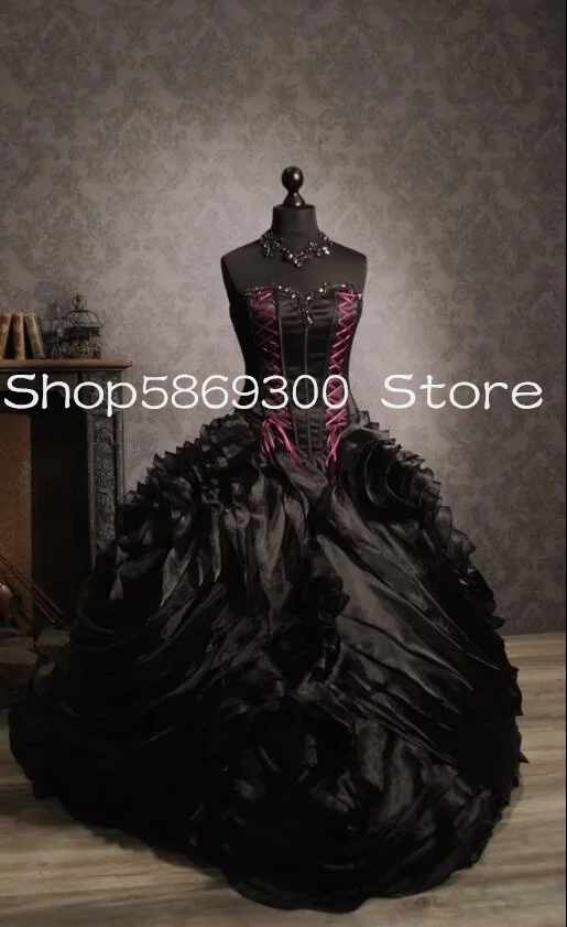 Vintage Black Gothic Steampunk Wedding Dresses Sweetheart Ruched Pleated Lace-up Corset Victorian Bridal Gowns Costume Vampire