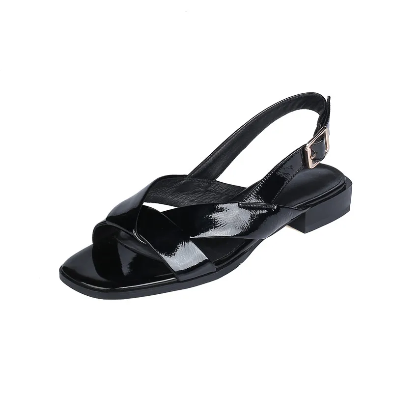 2024 New Genuine Leather Shoes Women Low Heel Square Toe Casual Shoes Summer Comfortable Ladies Sandals Black Beige Size 35-42
