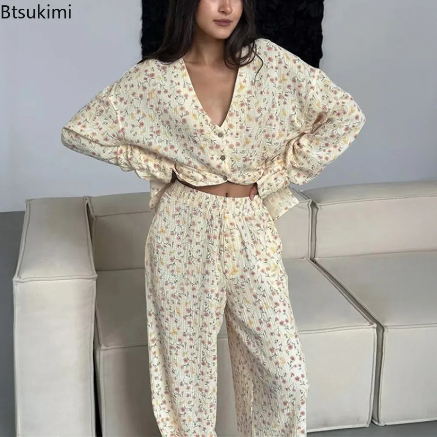 2025 Autumn Women's 100% Cotton Printed Cardigan Pajama Set Ladies Long Sleeved Pants Pajamas Loose Home Clothing Two Piece Set