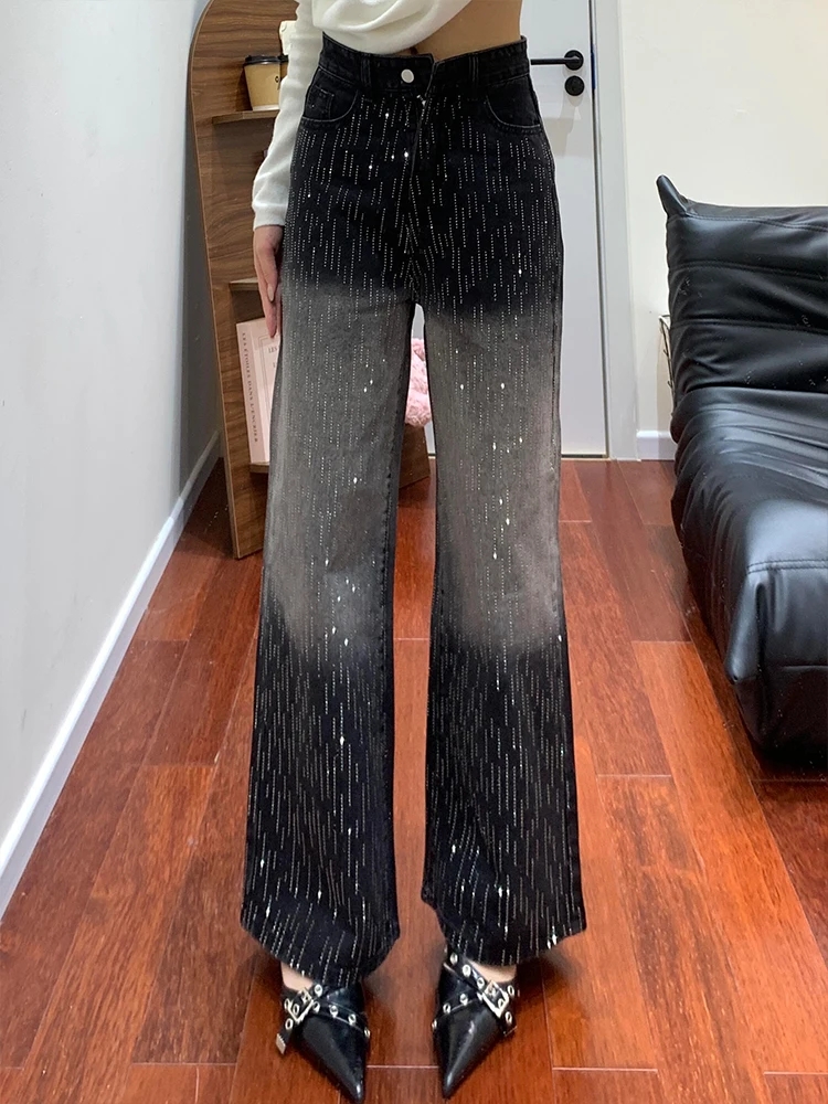 

Washed Gradient American High Street Design Jeans Women Summer Hot Flash Sparkling Glue Splice Denim High Waist Straight Leg