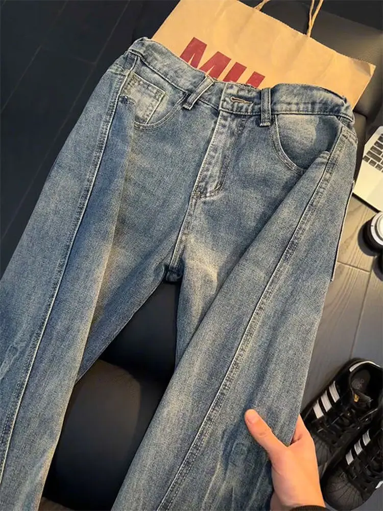 American Vibe Lightning Pattern Diagonal Cut Jeans Men's Autumn CleanFit Straight Leg Pants Youth Fashion Casual Jeans