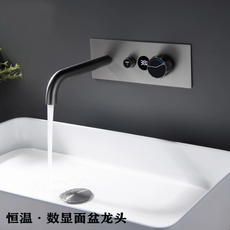 All copper constant temperature digital display press basin faucet gun gray concealed into the wall creative