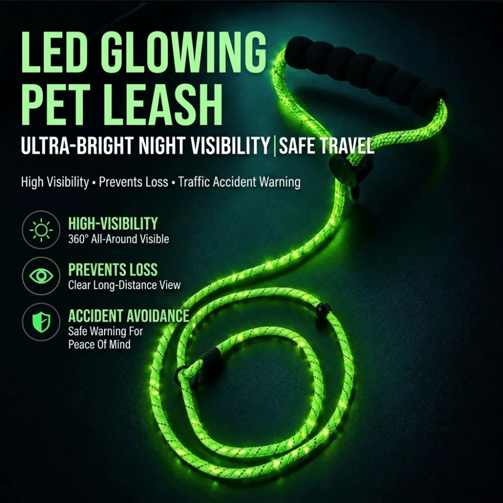 USB Charging LED Dog Leash Super Bright LED Spiral Braided Nylon Pet Traction Rope Multiple Light Modes Movable O Ring