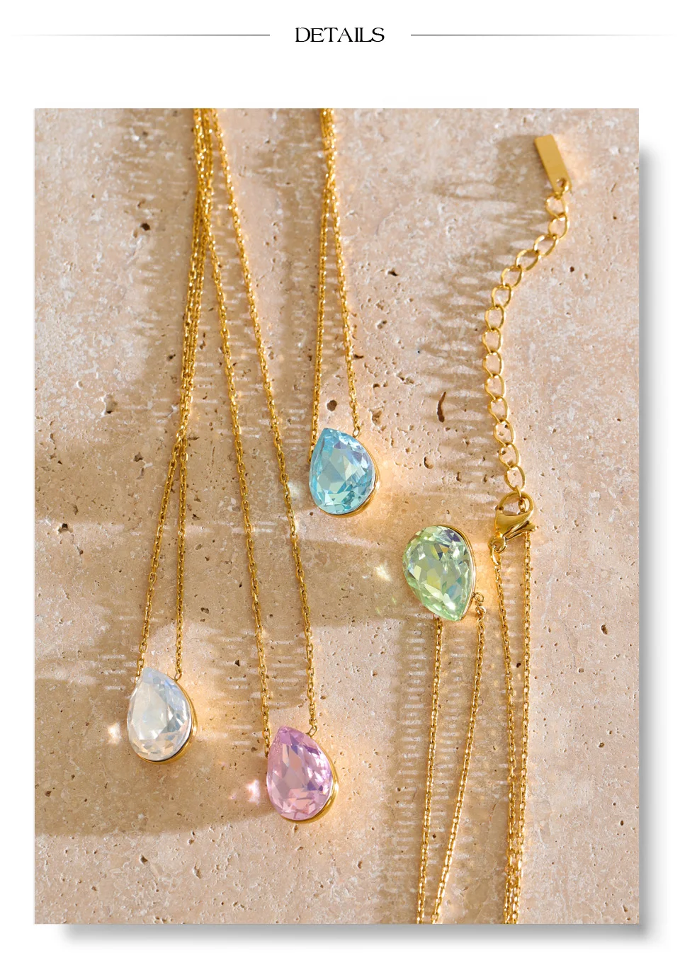 Yhpup Mehrfarbiger Edelstahl-Wassertropfen-K9-Kristall-Halskettenanhänger 16K Goldfarben PVD-beschichtet Neuheiten Exquisiter Schmuck – Detail 9