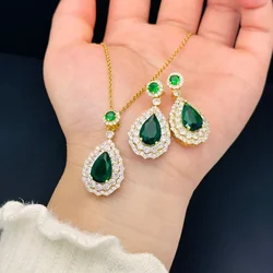 Temperament Classic Water Drop Emerald Stone Pendant Necklace for Women Charm Stainless Steel Zircon Earring Luxury Jewelry Set