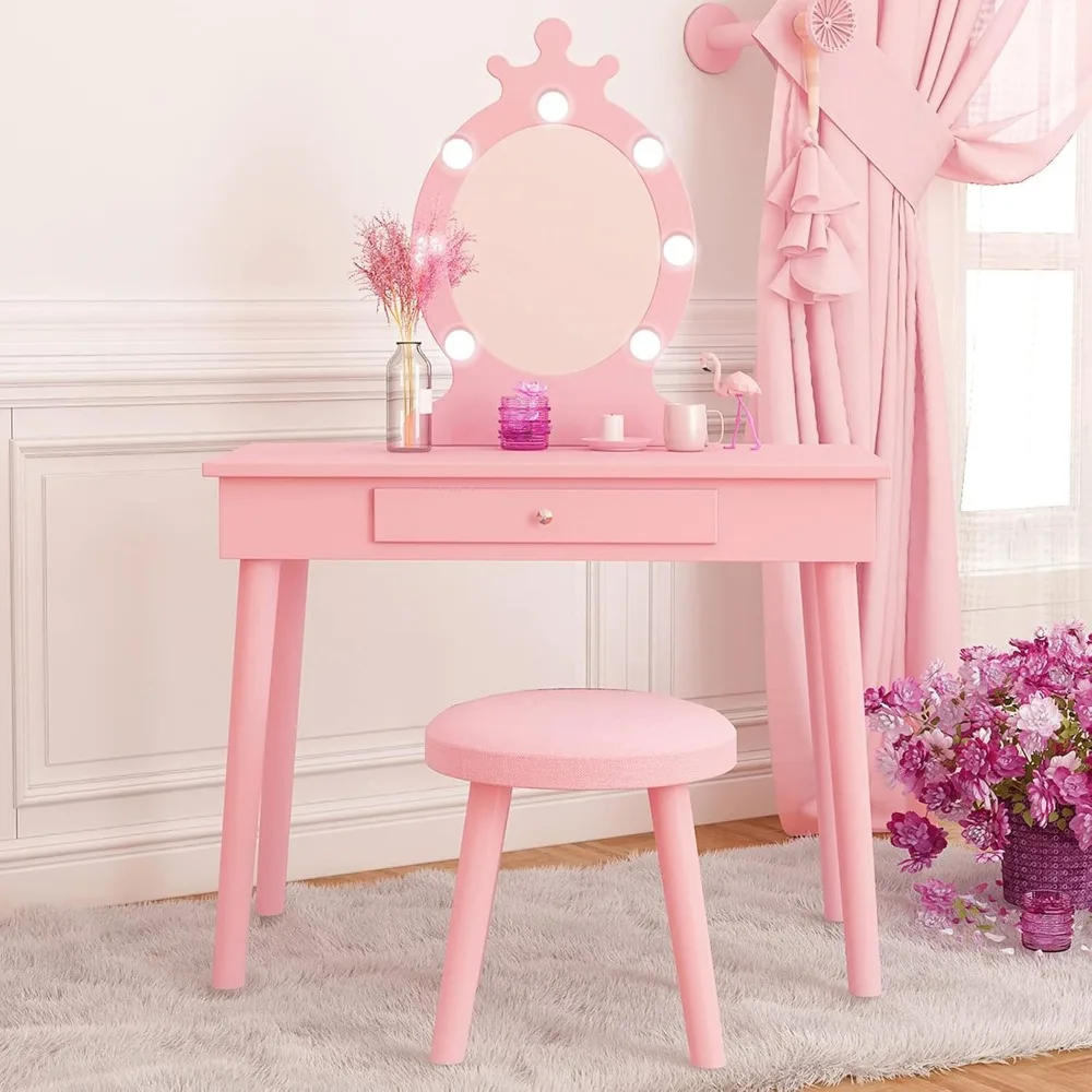 

Kids Vanity with Lights, Vanity Set with Mirror and Stool, Wooden Makeup Dressing Princess Table with Drawer for Little