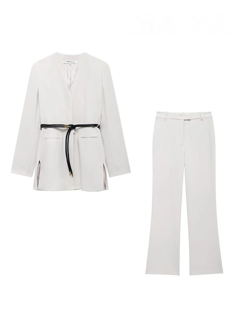 HH Women 2 Piece Set V-Neck Long Sleeves Pocket Belt Decorate Slim Blazer Coat+Fashion High Waist Loose Casual Wide Leg Pant