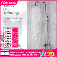 Brushed Nickel Thermostatic Shower Faucets Sets Wall Mount Brass Bathroom Mixer Rainshower Faucet Rainfall Shower Systems Thermo