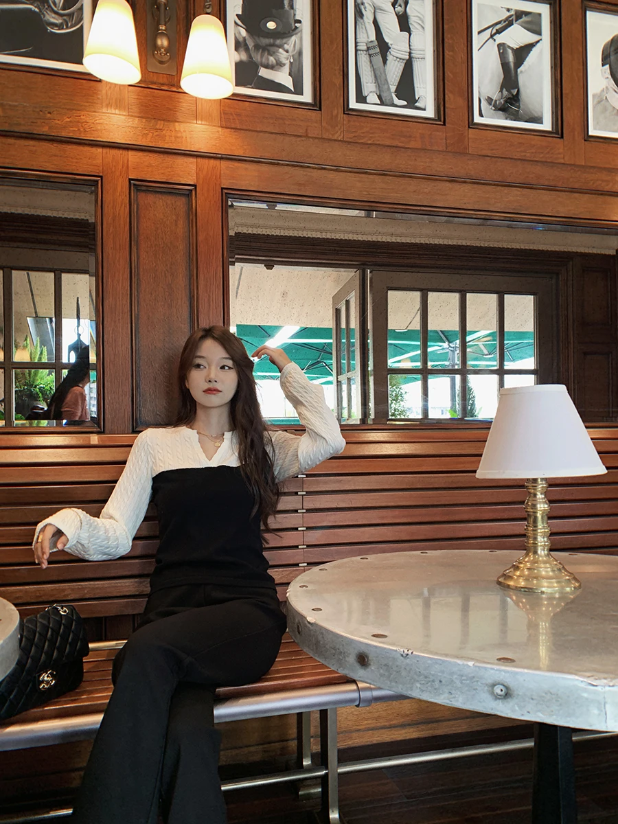 

Женский осенне-зимний тонкий вязаный топ Bla White Splice V-Ne с длинными рукавами, приталенный, в корейском стиле, на каждый день