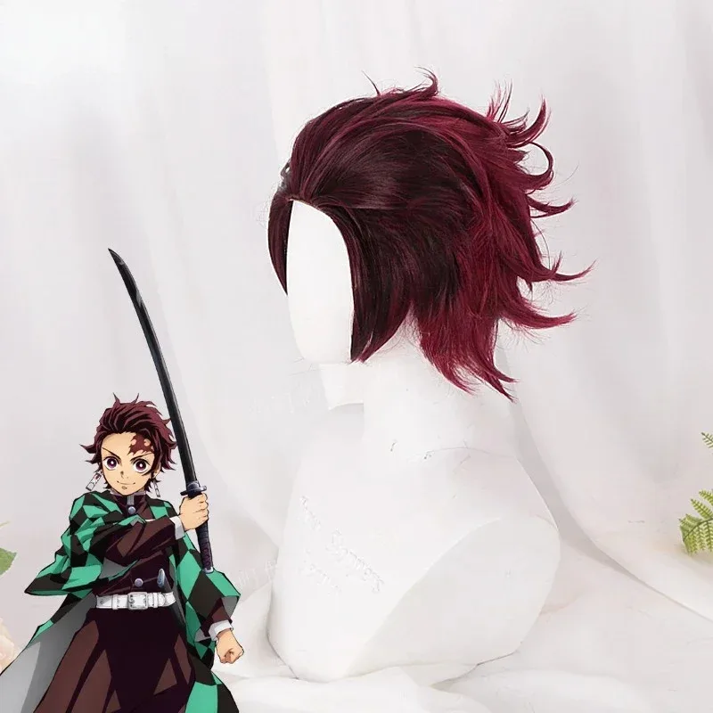 Peluca de Cosplay Kamado Tanjirou, peluca rizada corta sintética de color rojo oscuro, disfraz de Anime Demon Slayer, peluca de alta calidad para fiesta diaria