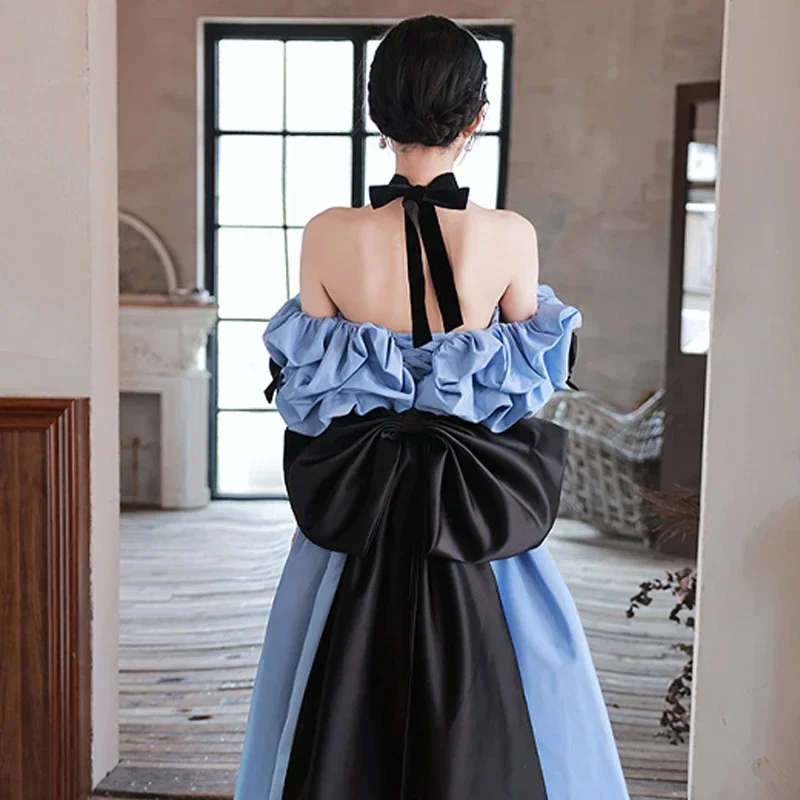 It\'s Yiiya Customized Blue Satin Evening Dress Short Sleeves Floor Length Lace Up Pleat A-line Plus size Woman Formal Party Gown