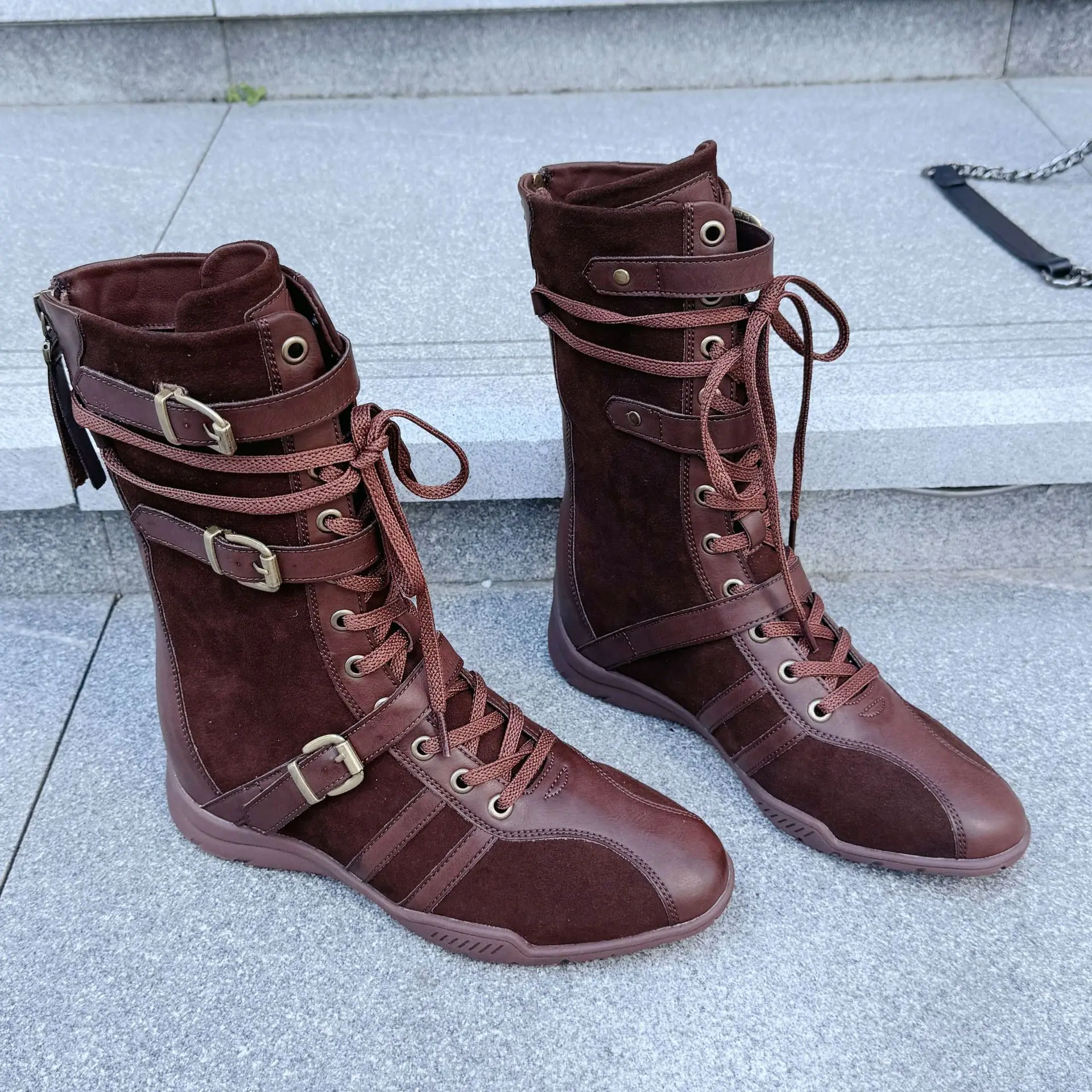 

Trendy Women's Brown Suede Leather Multi-Strap Boots Retro Boxing Ankle Boots for Outdoor Streetwear Statement Footwear