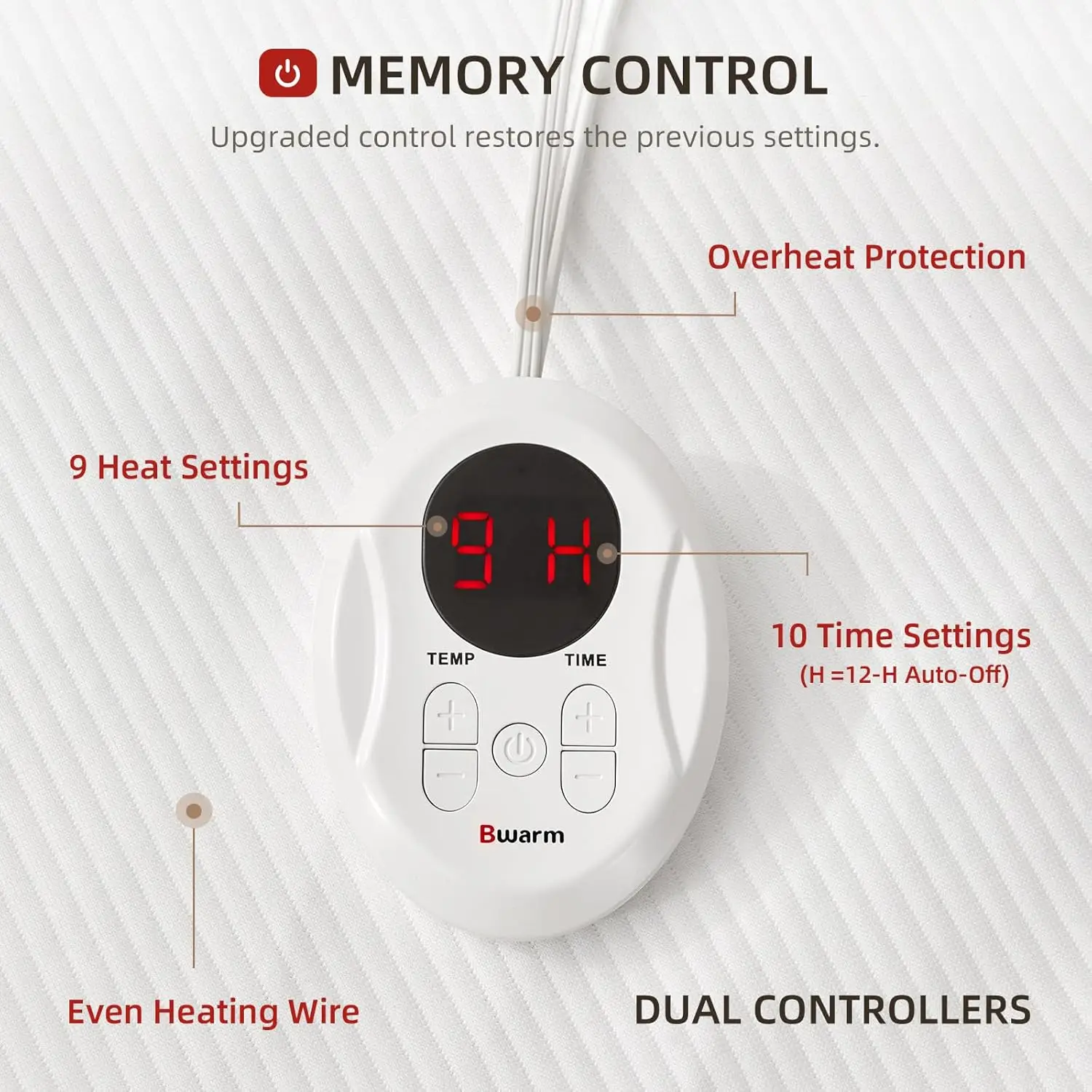 Waterproof Heated Mattress Pad with Memory Function, 9 Heat Settings, Auto-Off Timer, Machine Washable for Queen Bed