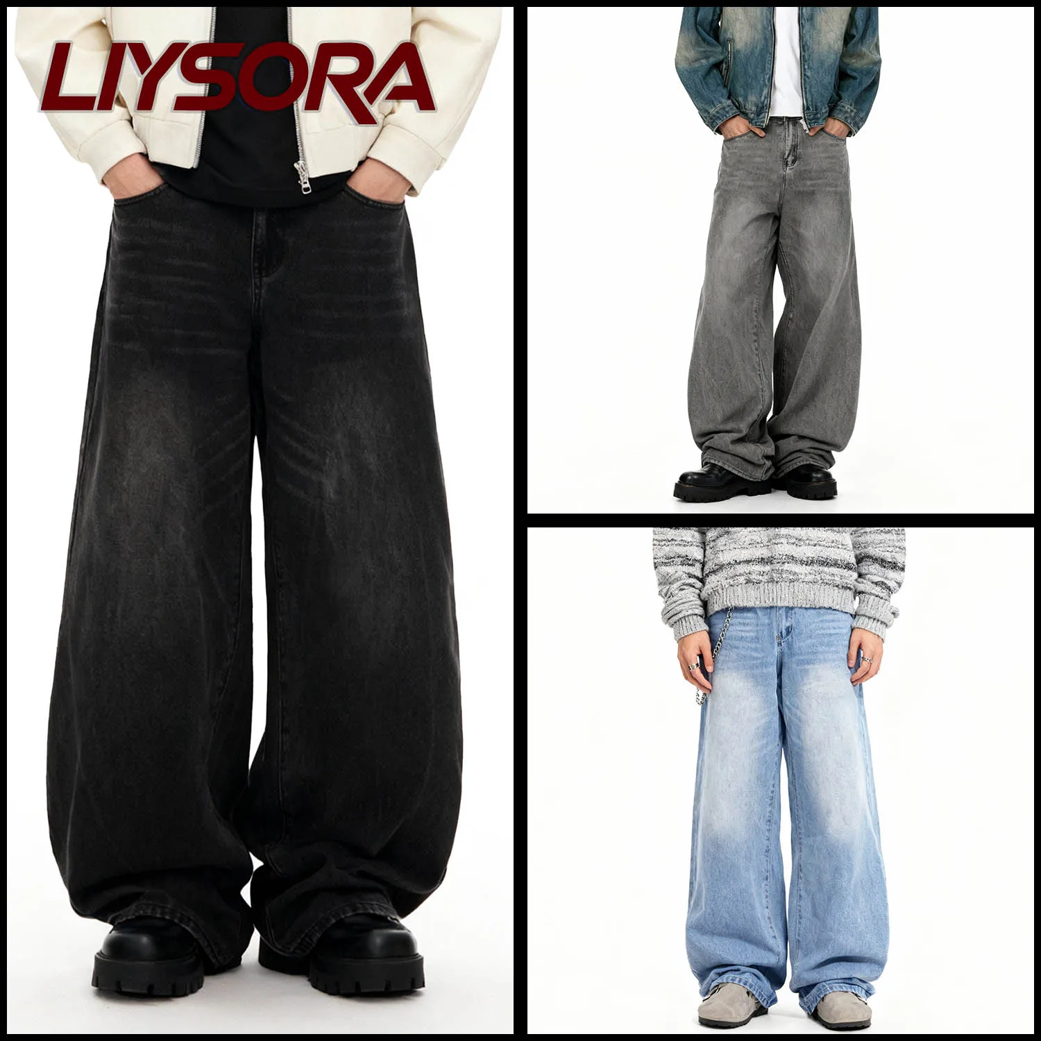 

Youth Men's Clothes Korean Black Gray Retro Ultra Baggy Wide Leg Jeans Four Season Casual Blue Straight Leg Denim Pants Unisex