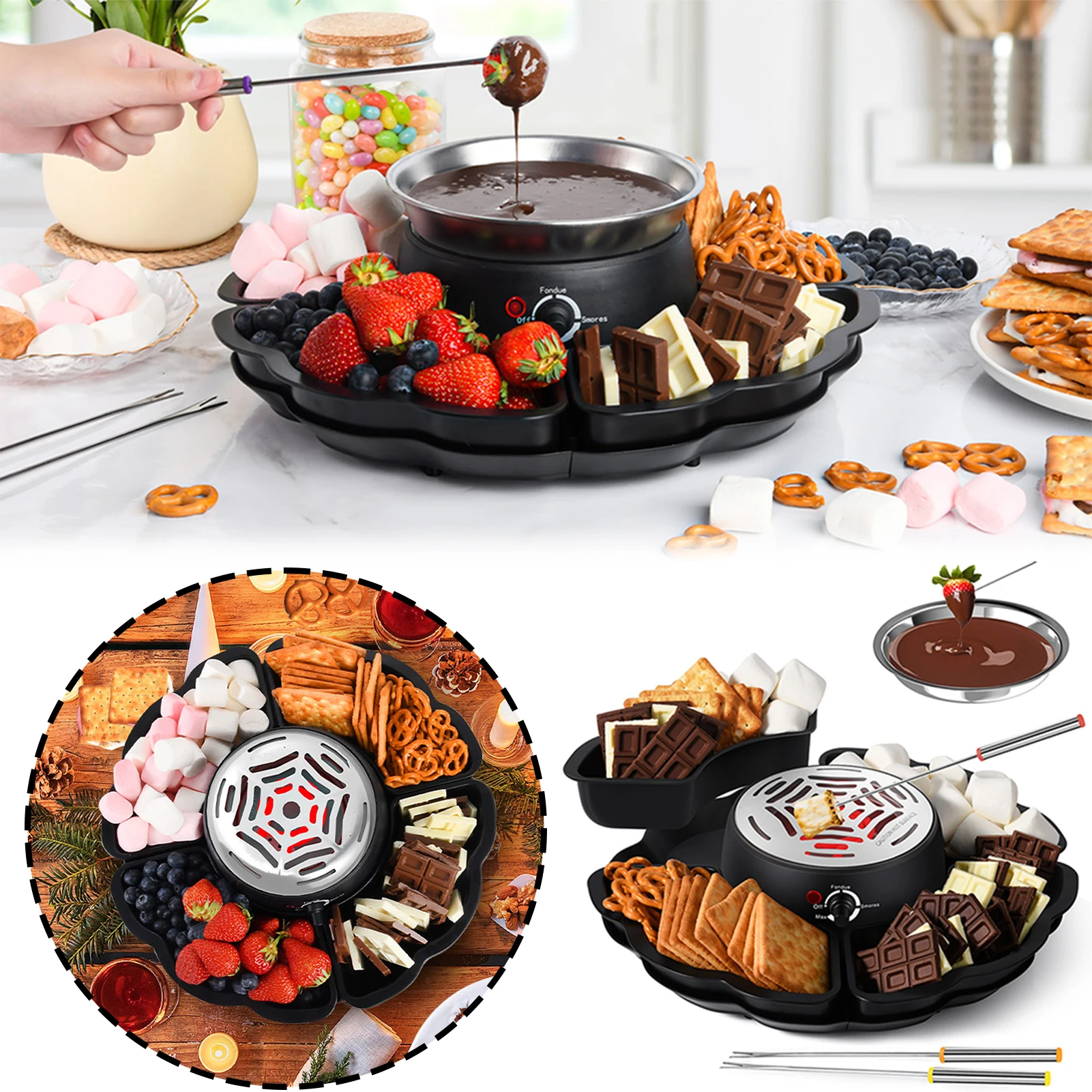 Indoor Melting Pot Electric Fondue Pots with 4 Detachable Trays Toaster Tabletop Smores Maker Baking Machine Present for Friends