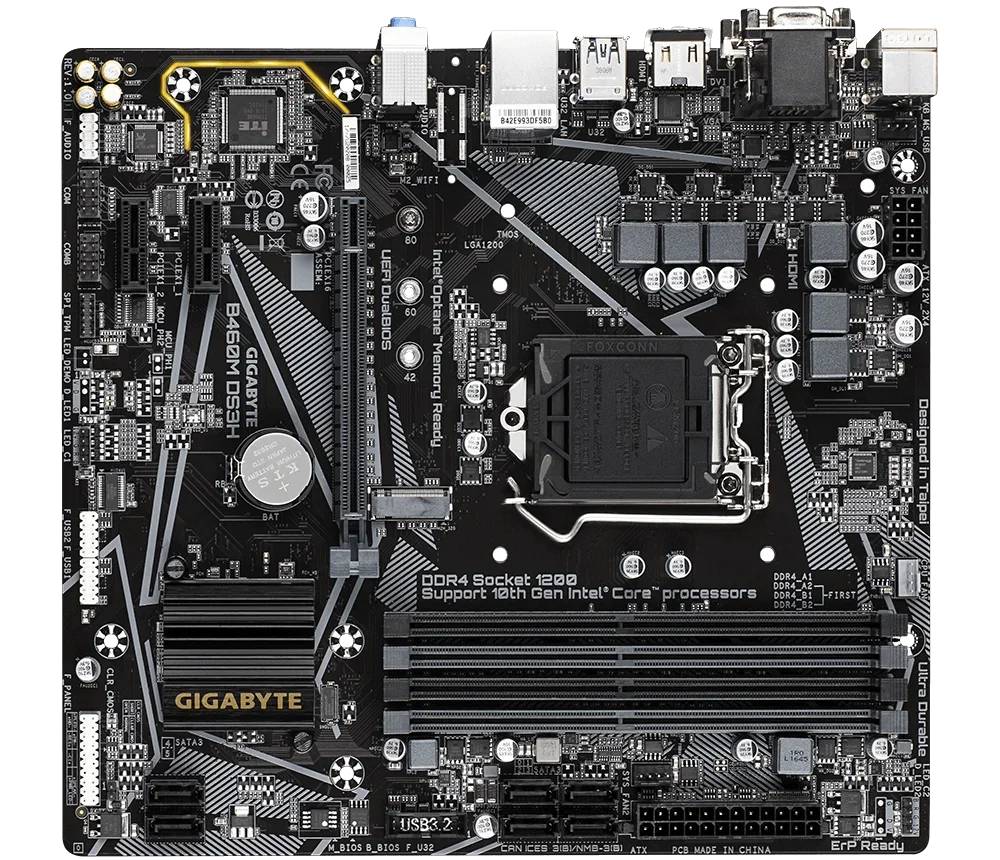 Gigabyte B460M DS3H motherboard Supports 10th Gen Intel DDR4, four-slot M.2 interface, HDMI, DVI, VGA, and USB 3.0.