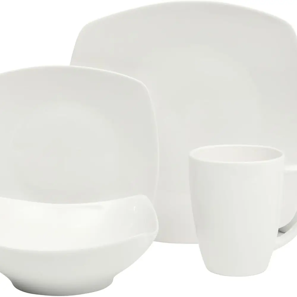 

Zen Buffet Porcelain Chip and Scratch Resistant Dinnerware Plates, Bowls, and Mugs Set, Service for 4 (16pcs), White (Square Dis