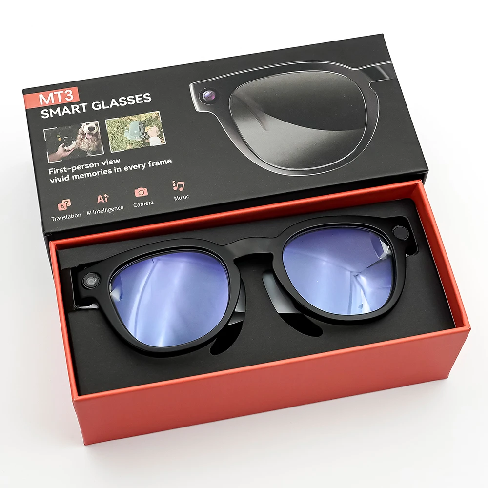 MT3 AI smart glasses, with 8MP camera, real-time translation, AI voice assistant, dual-lens video recording, sports sunglasses
