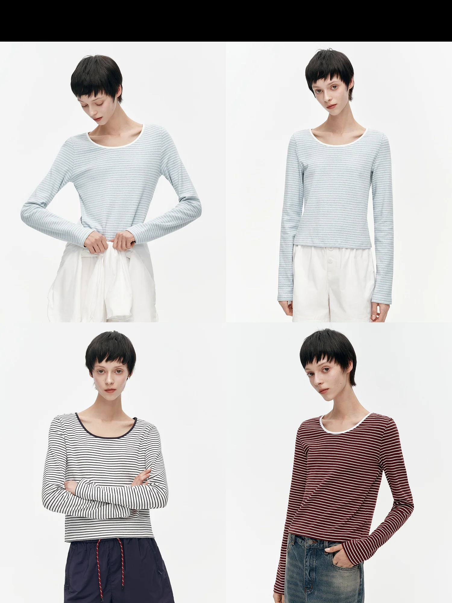 

Женская футболка Hua Ji Yan Long Sve с круглым вырезом, весенняя, из смесового хлопка, в полоску, базовый слой, удобная, дышащая