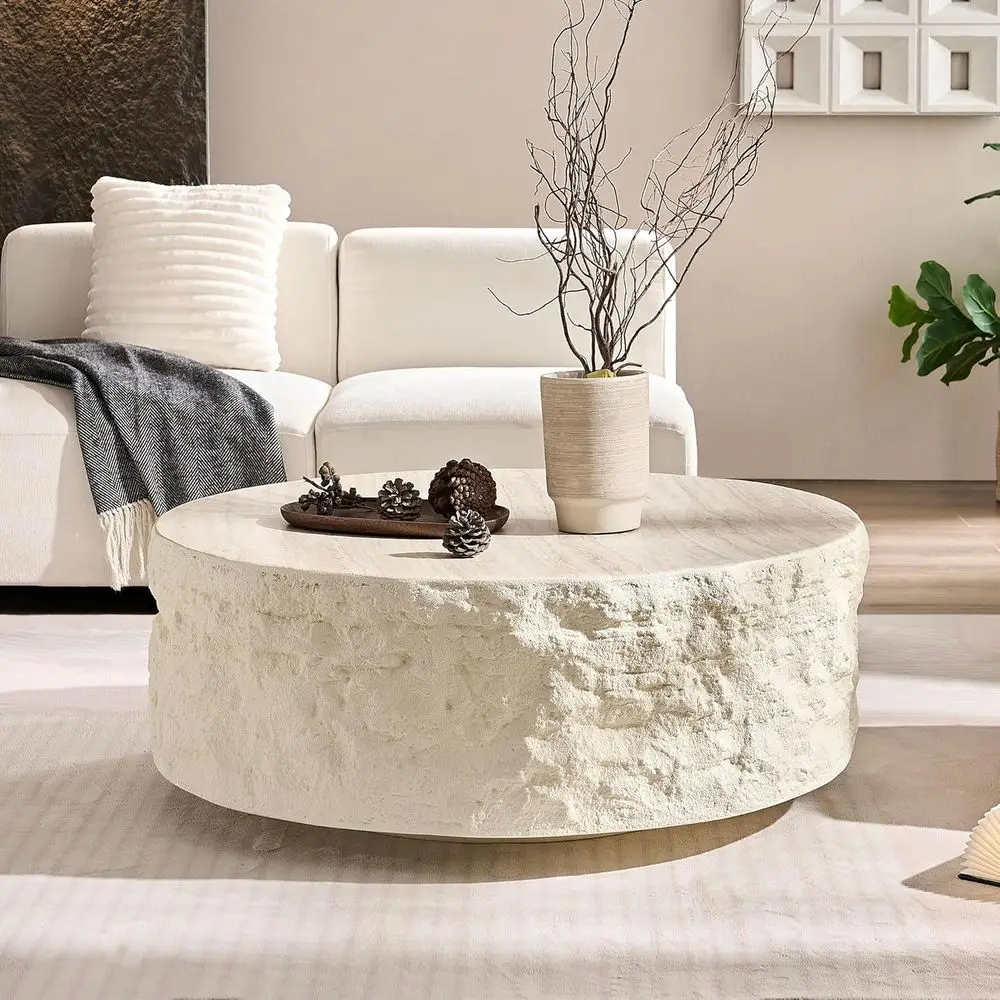 

Round Glass Top Drum Coffee Table with Marble Accent for Living Room, Easy Assembly-Free