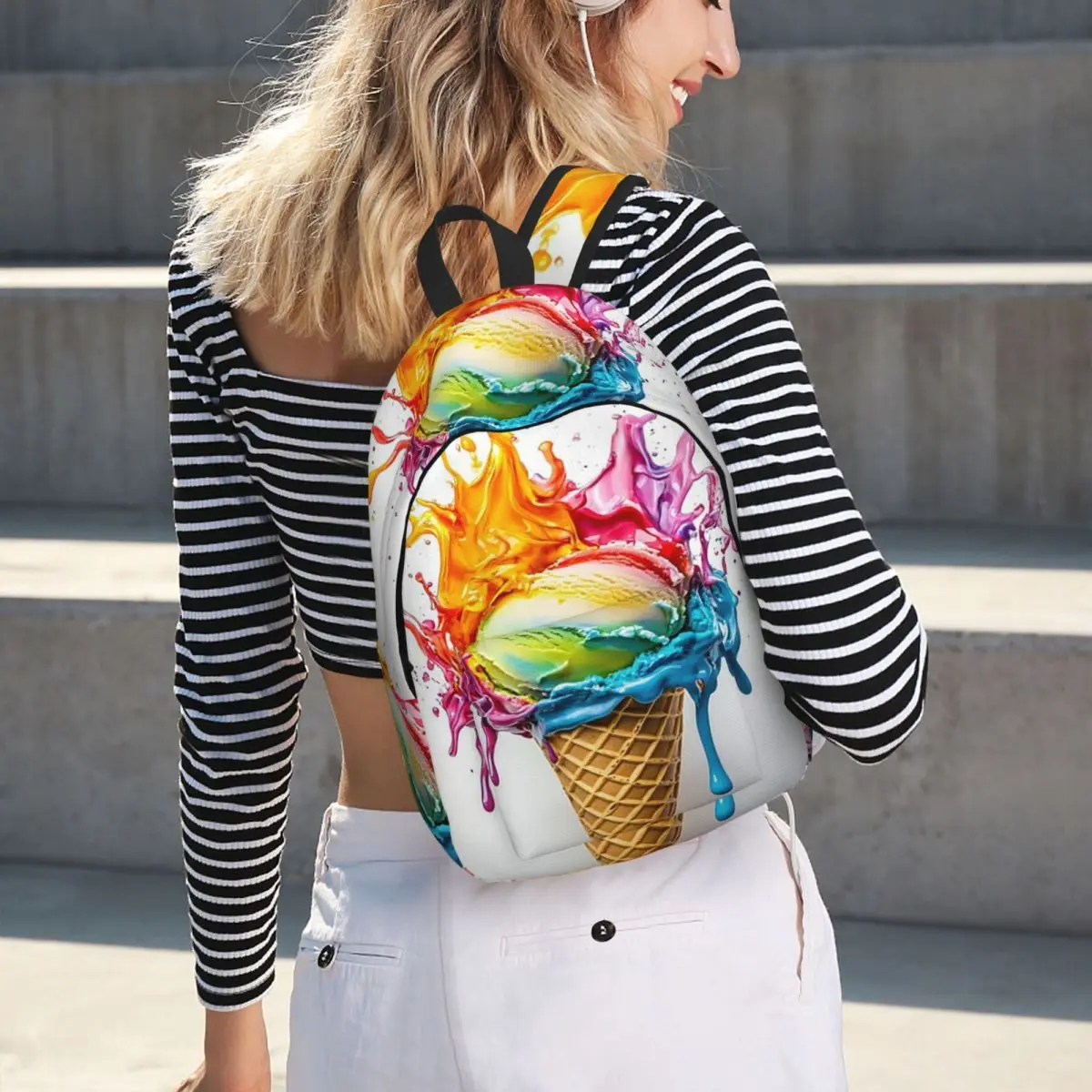 Colorful Ice Cream Splash Print Student Backpack School Bag Hiking Travel Daypack for Men Women Bookbag Shoulder Bags