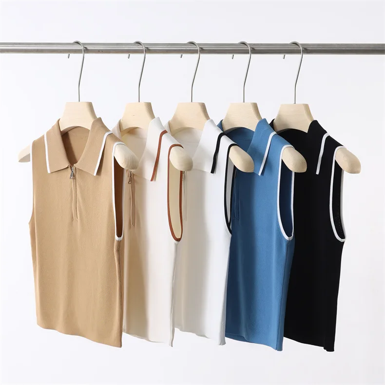 

Women Summer Polo shirts Knitted Vest Viscose Tops Short T-shirts Sleeveless Ice Silk Curved Bead Zipper Color Contrast Spring