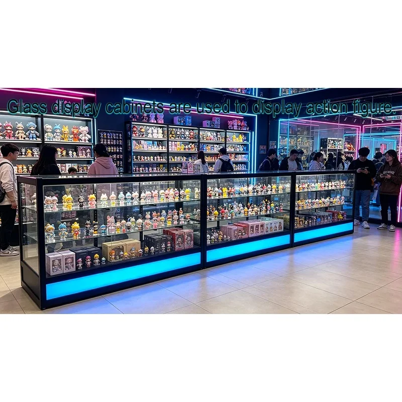 custom.Black Aluminum Frame RGB LED Glass Display Cabinet Toy Figure, Jewelry, Sunglass. Multifunctional Trading Card Displa