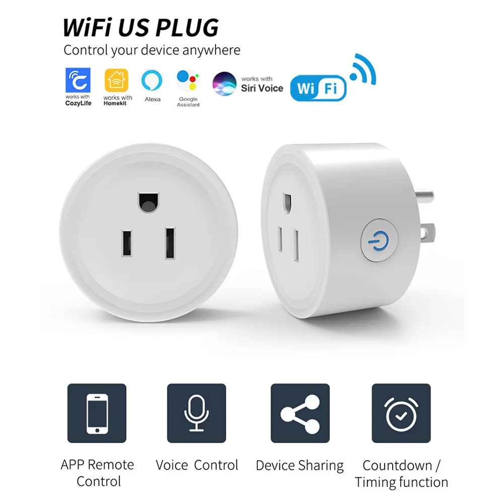 WiFi US Outlet Socket 10A Timer Smart Plug Adapter for Alexa Google Assistant CozyLife APP Voice Control Group Home Android IOS