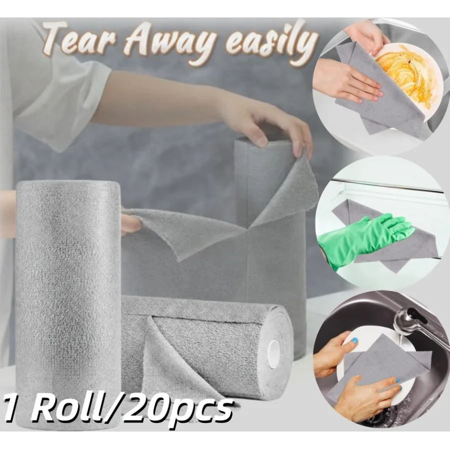 1 Roll/20pcs Reusable Tear-Towel Roll Microfiber Cleaning Wipe Kitchen Dishwashing Towels Dish Rags Wash Paper Towel Replacement