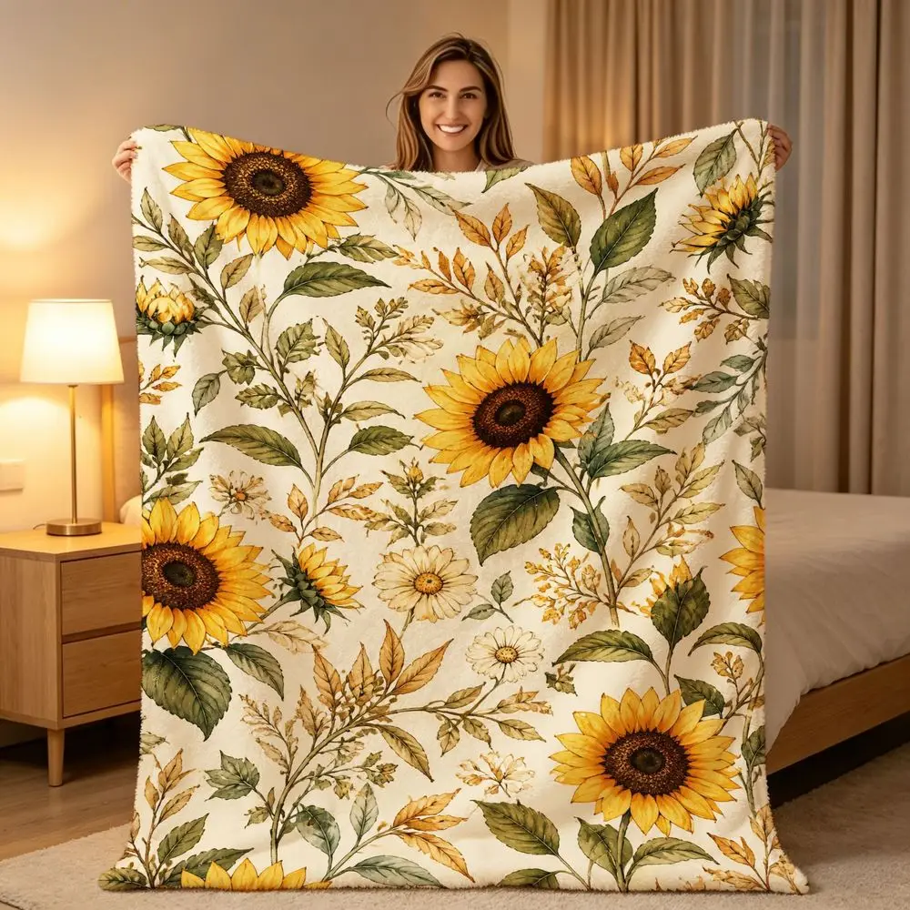 1pc Sunflower Botanical Printed Throw Blanket, Soft Warm Plush Decor Blanket for Sofa, Rustic Floral Blanket for Living Room