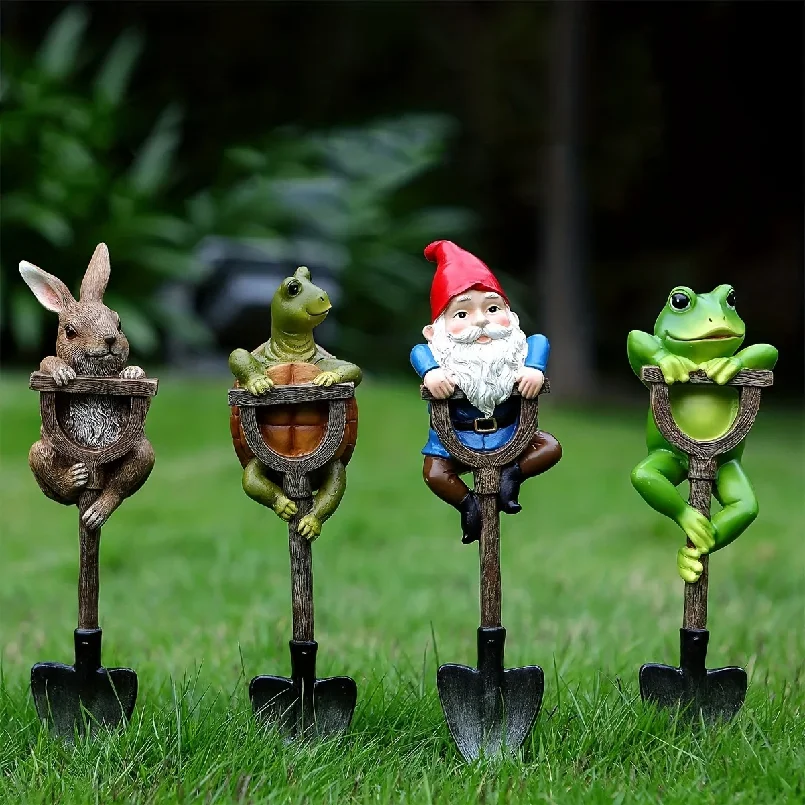 Cute Garden Gnome Frog Rabbit Turtle Statue Set, Resin Animal Figurines with Shovel for Outdoor Patio Yard Lawn Decor