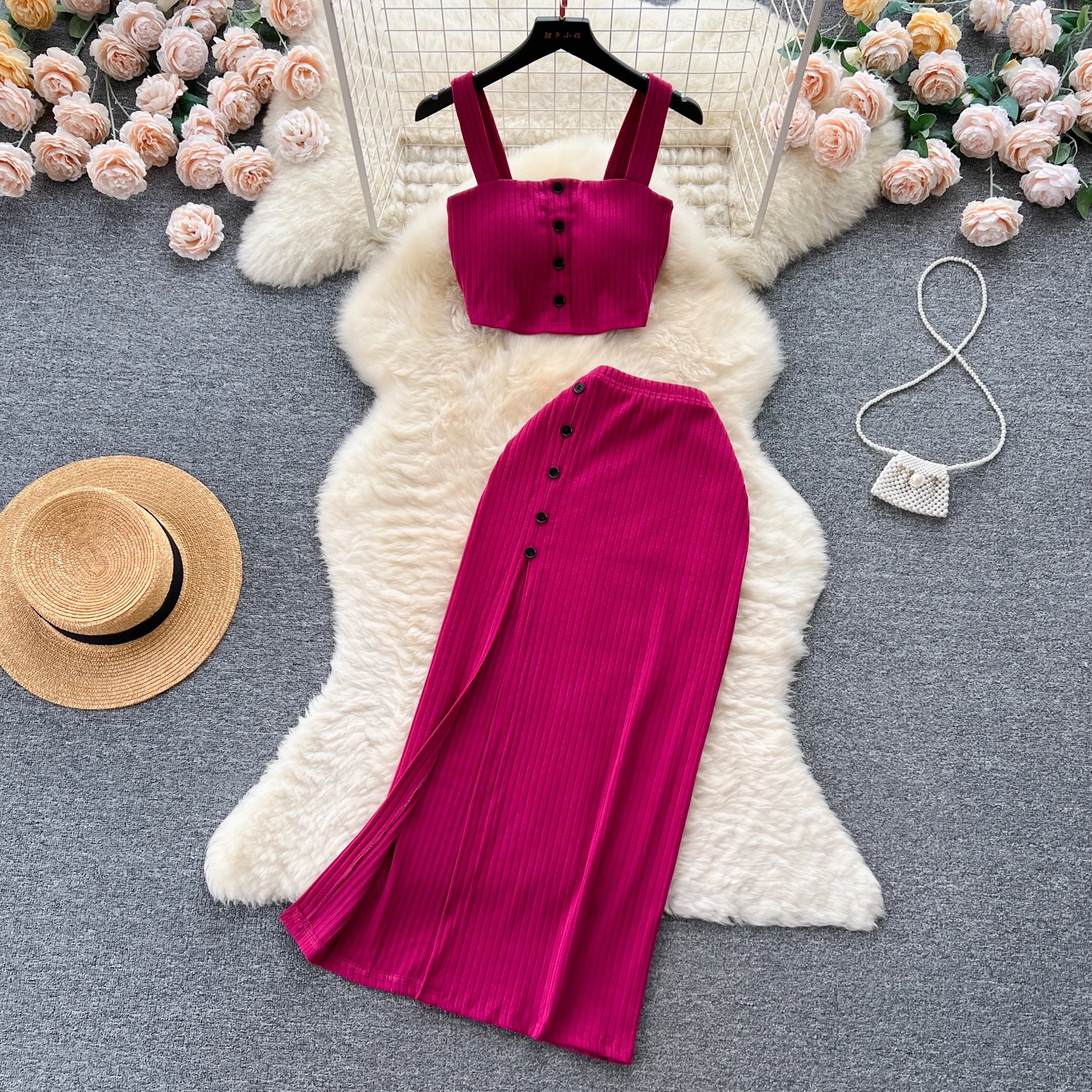 

Summer Knit Two Pieces Suits Backless Button Mini Top+High Waist Split Bodycon Skirt Women Solid Slim Streetwear Sets