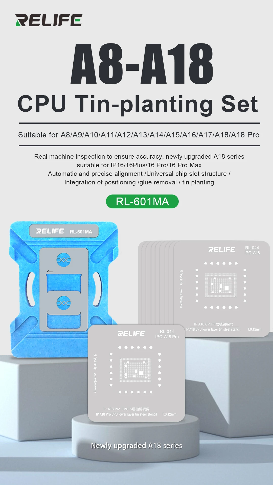 RELIFE RL-601MA Universal CPU Reballing Stencil Platform For iPhone A8-A18 IC Chip Planting Tin Template Fix